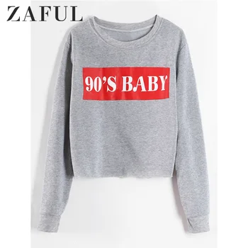 

ZAFUL Letter Graphic Raw Hem Sweatshirt Long Sleeve Letter Print Autumn Hoodies Women Clothes Streetwear Funny Sweatshirts