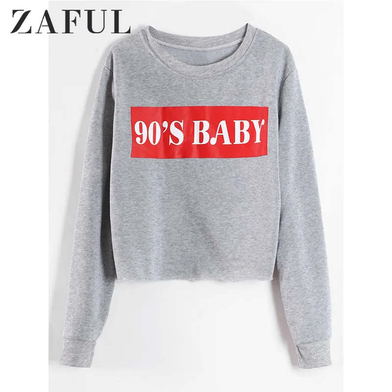 ZAFUL Письмо Графический Необработанный подол Толстовка с длинным рукавом