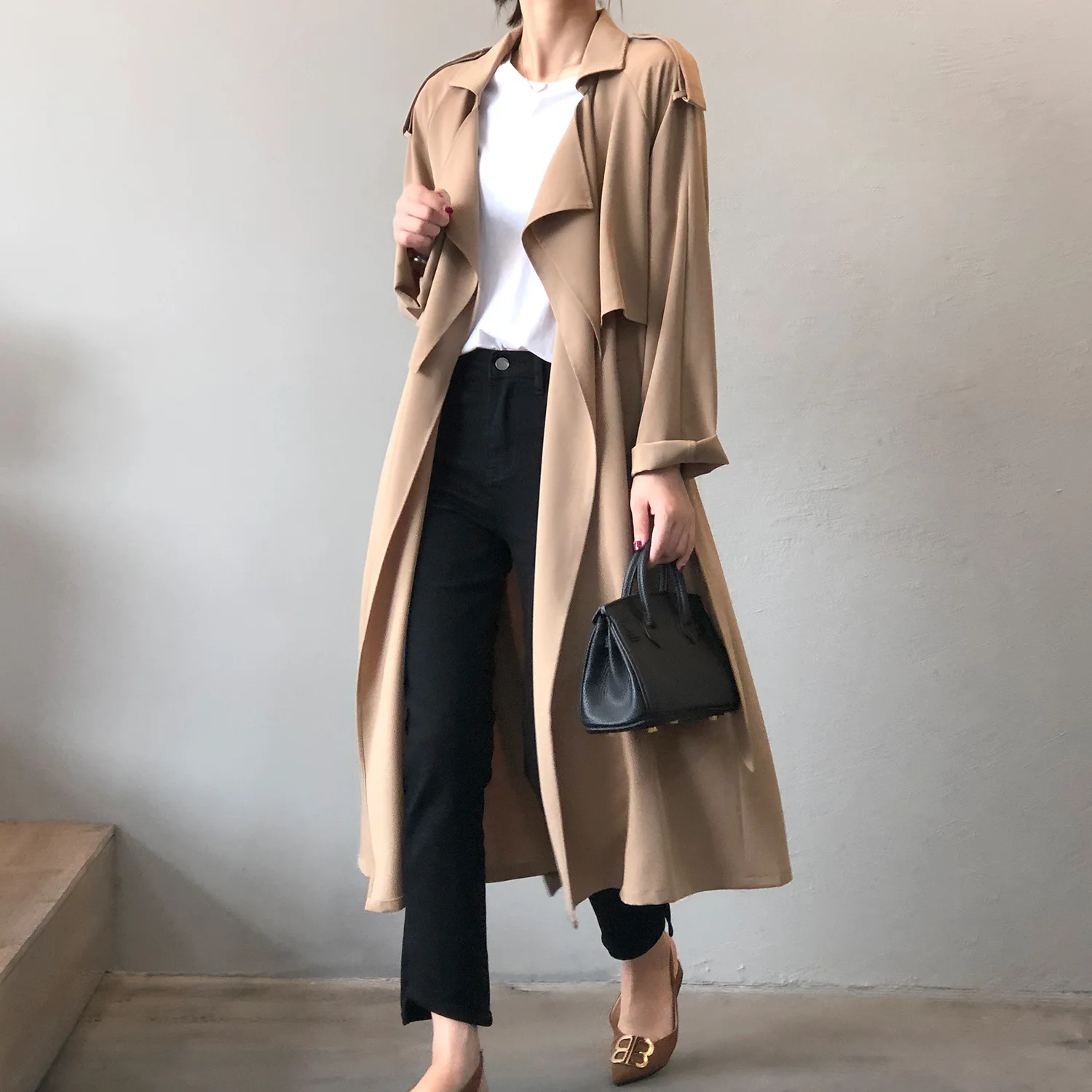 Business Suit Collar Long Sleeve Trench 2020 Autumn New Casual Long Trench Coat Female Loose Coat Female Black Women Trench 096E