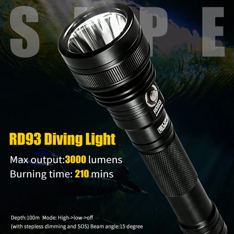

SUPE Scubalamp RD93 3000-Lumens Video Light 100 Meter Waterpoof Scuba Diving Underwater Photography Search Light Night Dive