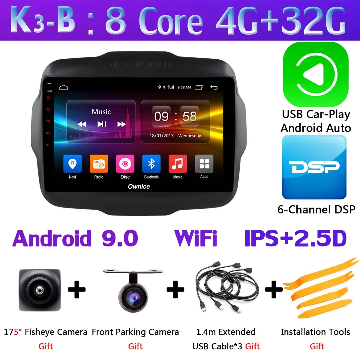 360 ° панорамный 4G WiFi Android 9,0 8Core 4+ 64G Автомобильный мультимедийный плеер SPDIF DSP CarPlay gps радио для Jeep Renegade - Цвет: K3-B-CarPlay