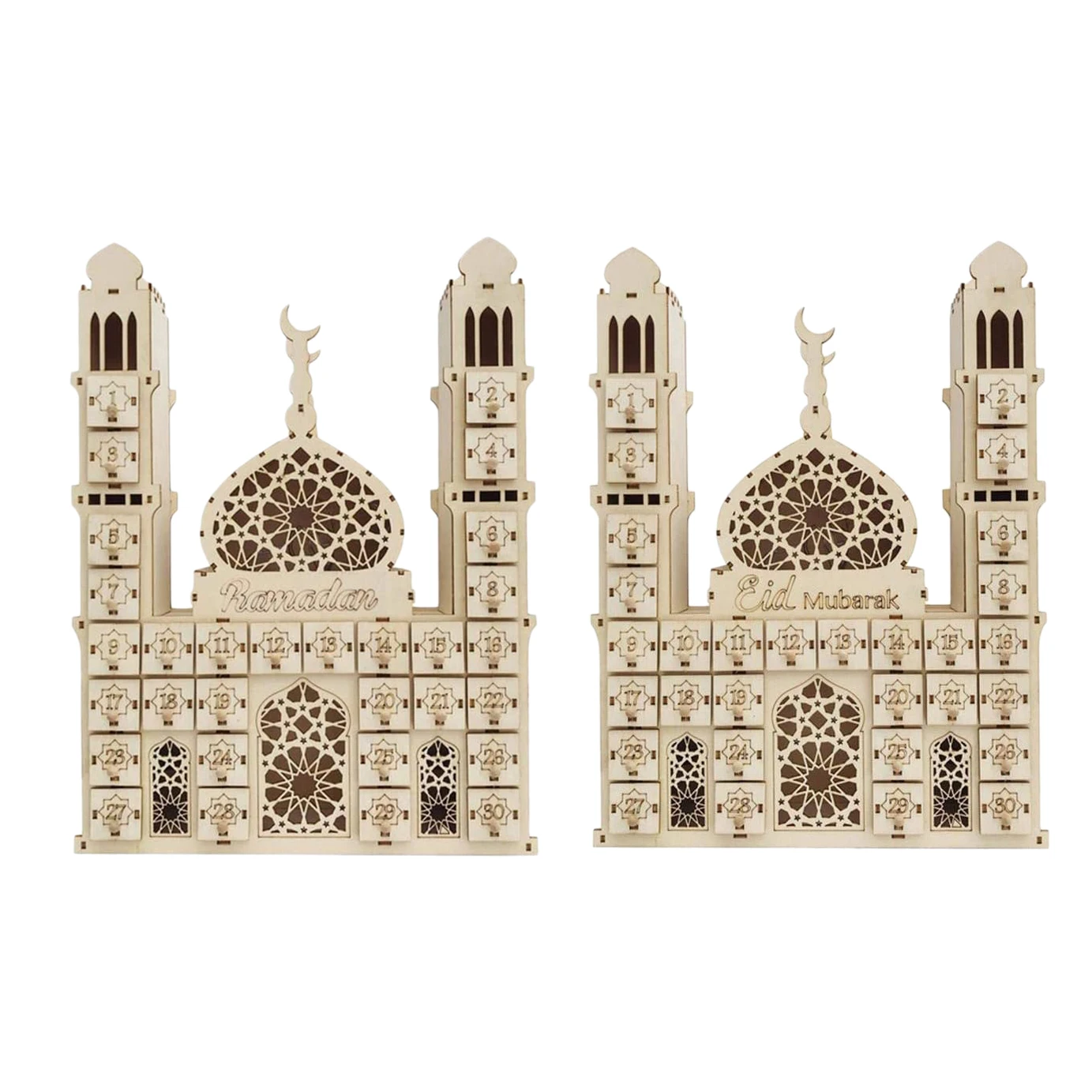 Eid Mubarak-Calendario de cuenta atrás, Decoración de Ramadán de madera artesanal, cajón de regalo de dulces pequeños para decoración de fiesta en casa