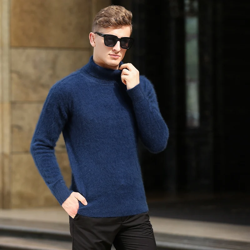 Denim Blue Зимние новые кашемировые свитера мужские свитер с высоким воротником сплошной цвет свитер короткий пункт пуловер рубашка с длинным рукавом свободный - Цвет: Denim Blue