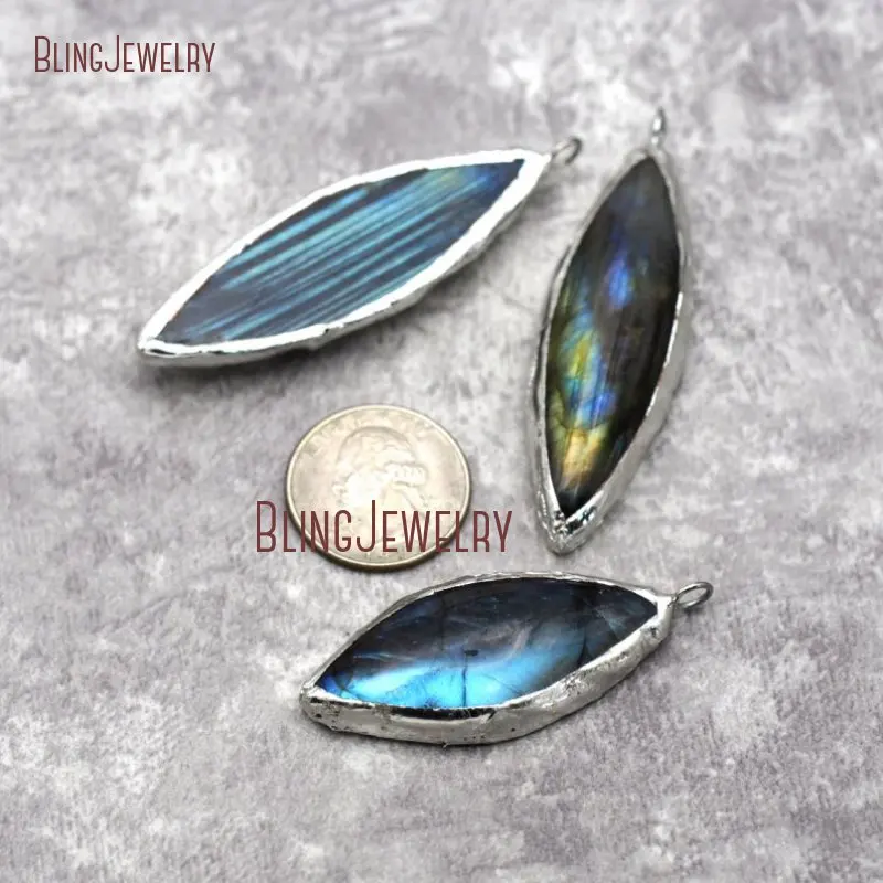 Solder Silver Flash Labradorite Pendant Labradorite Marquise Pendant Charm Link 22x64mm PM29052