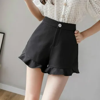 

Women Summer Casual Shorts Korean Elegant Fashion Ruffles Hem High Waist Shorts Black Apricot Woman Shorts