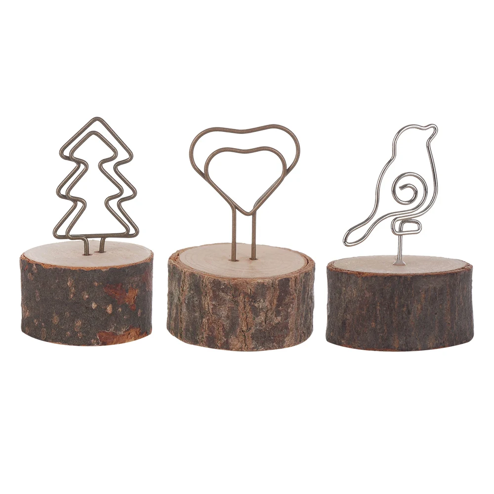 

2PCs Wooden Stump Metal Wire Business Cards Holder Wedding Party Name Place Card Clips Photo Stand Christmas Decoration