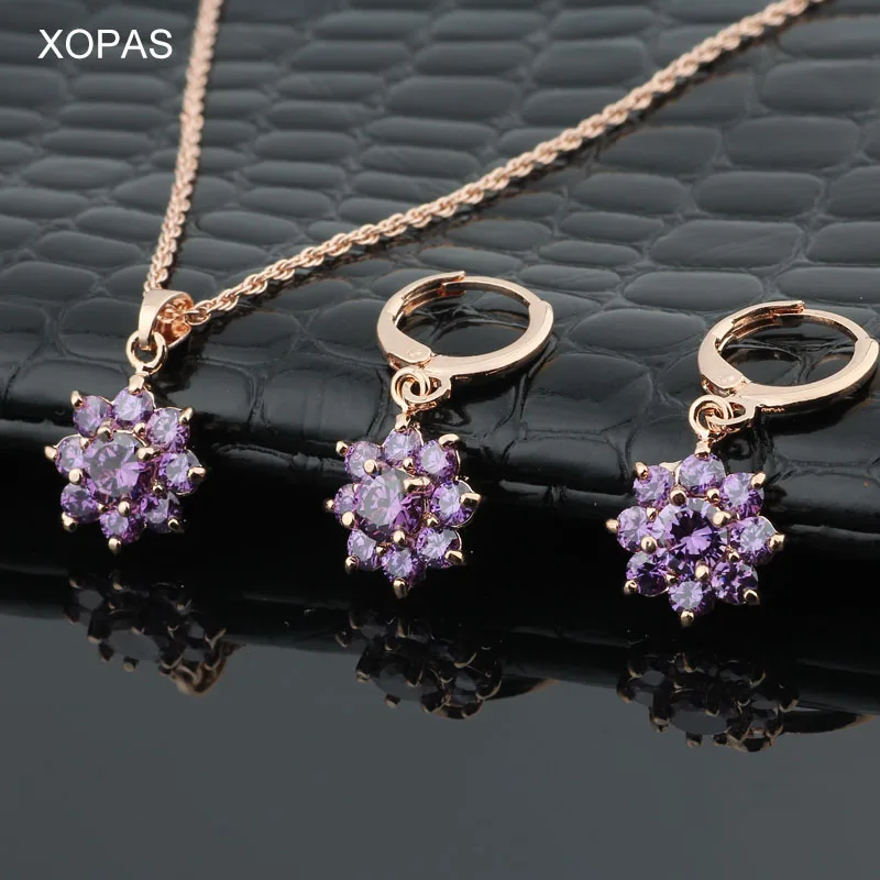 XOPAS Wedding Jewelry AAA Purple Zirconia Women 585 Rose Gold Color Sets Necklace Pendant Earrings For Women's Party | Украшения и