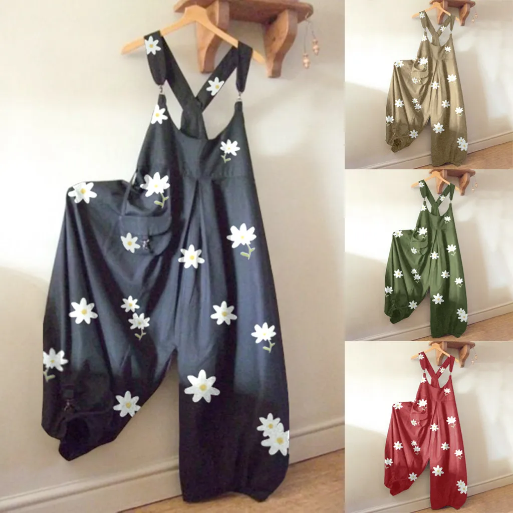 30H estampado Floral moda traje de salto de las mujeres de cuello Daisy mono de las mujeres pantalones traje bolsillo Casual mono largo Dropshipping. Exclusivo.