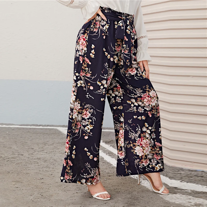 SHEIN плюс размер многоцветная бумажная сумка Талия цветочный принт широкие брюки для женщин осень весна Boho поясом длинные свободные брюки