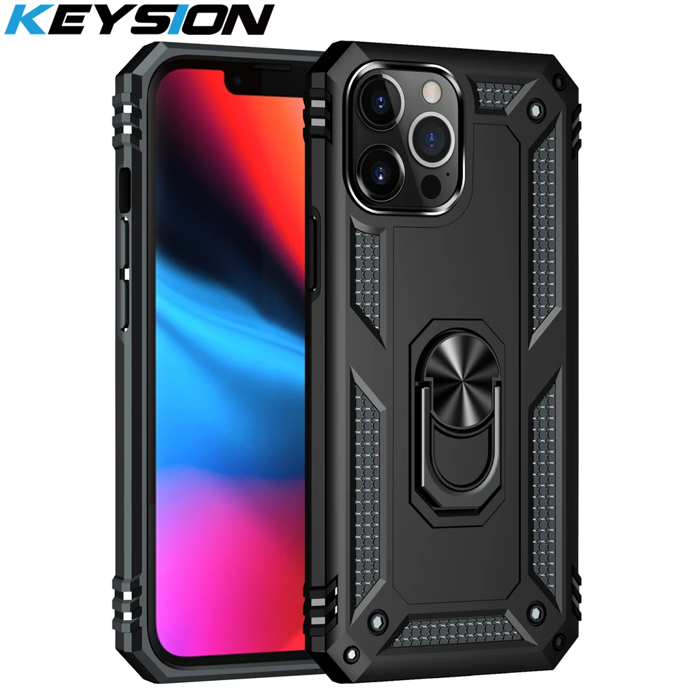 KEYSION Shockproof Case for iPhone 13 Pro Max 13 mini Ring Stand Heavy Protection Phone Back Cover for iPhone 12 11 Pro Max New iphone 13 pro wallet case