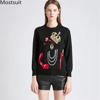 

2019 Winter Black Wool Blends Crown Jacquard Sweater Pullover Women Long Sleeve O-neck Fashion Runway Tops Sweaters Femme