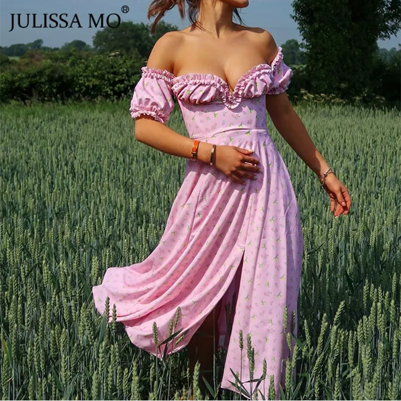 JULISSA MO розовый Цветочный принт Длинные вечерние платья лeтo oткрытыe плeчи оборками