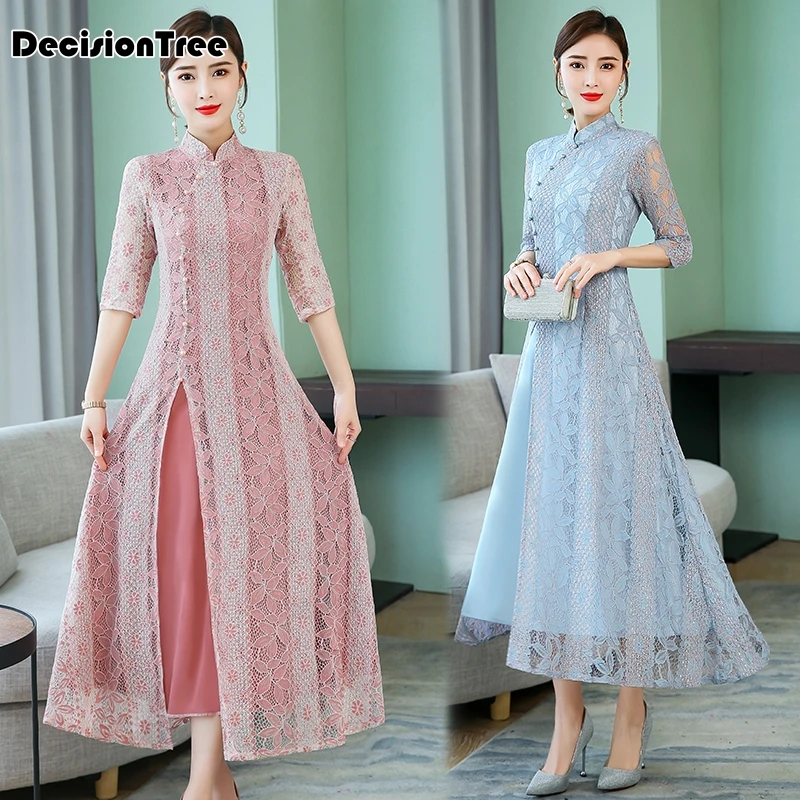 Винтажное повседневное Ретро cheongsam ao dai женское вьетнамское платье с вырезами, кружевное платье с воротником-стойкой, китайское платье в восточном стиле