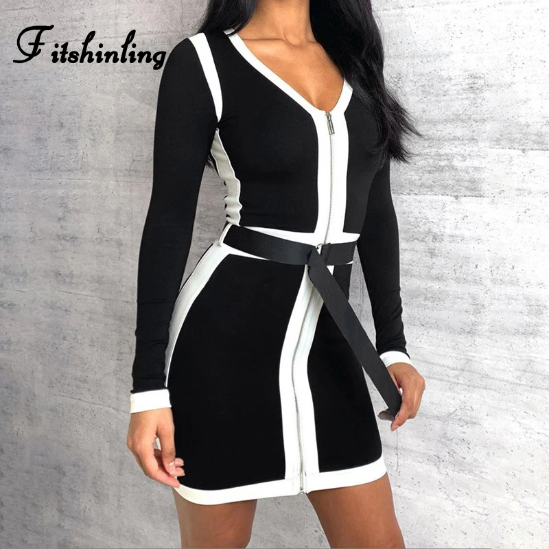 

Fitshinling Autumn Winter Casual Dresses For Women Sashes Black White Patchwork Vestidos Slim Sexy Mini Bodycon Dress Ladies New