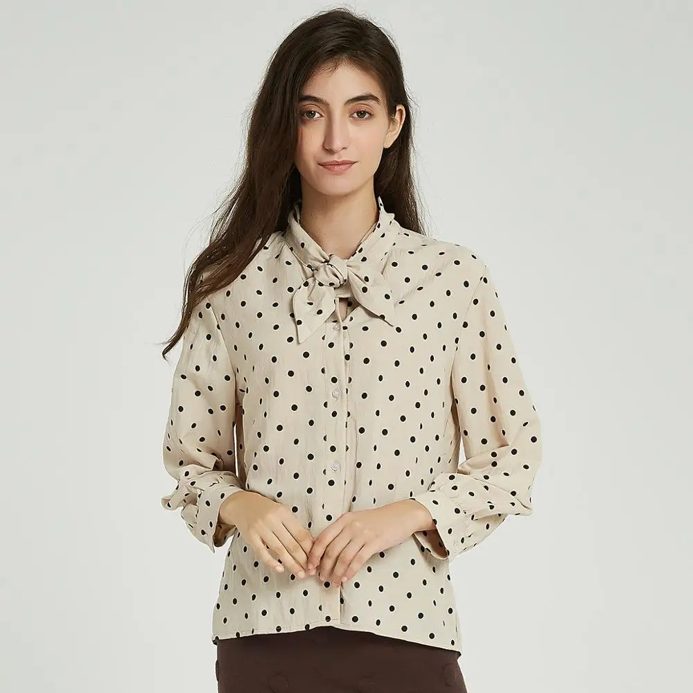  Wixra Women Lace-up Blouse Ladies Long Sleeve Dot Print Loose Shirts 2019 Autumn Spring Tops Ladies