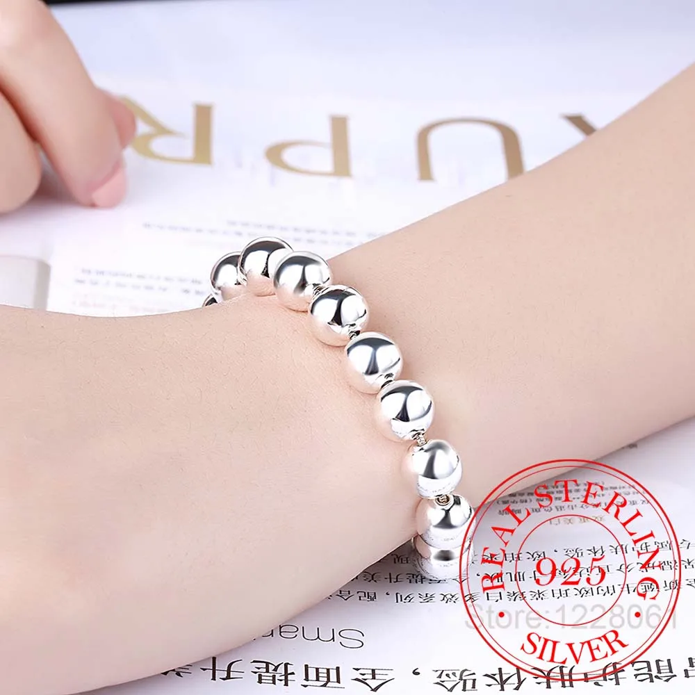 925 Silver Big Bead Chain Bracelet 4mm 6mm 8mm 10mm 14mm Bracelet for Women Fine Jewelry for Banquet Wedding Anniversary