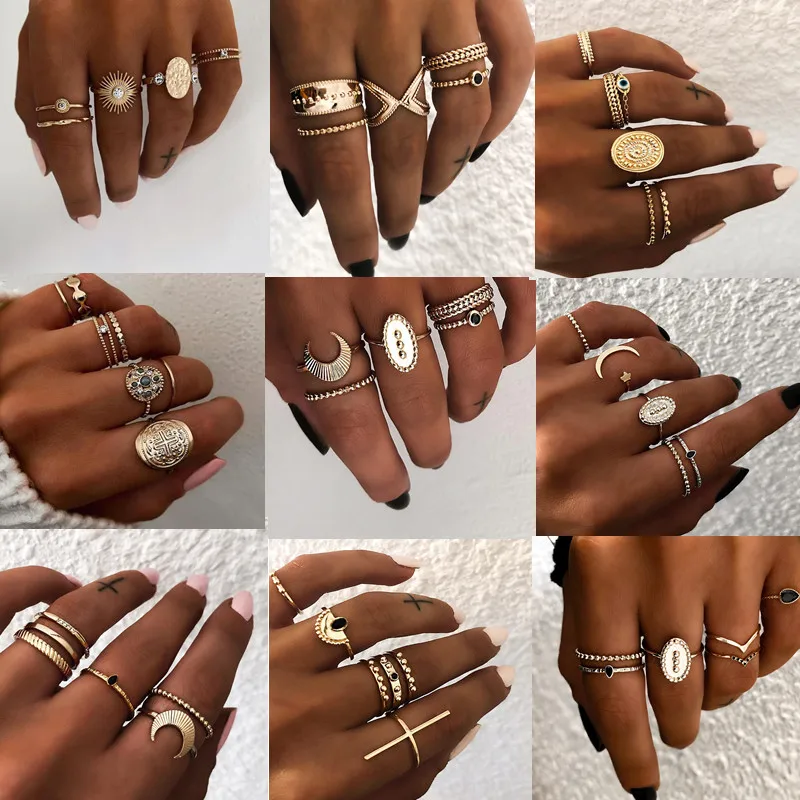 

DIEZI Different Style Moon Cross Knuckle Joint Rings Set For Women Gold Rhinestone Hollow Out Geometric Finger Rings Jewelry