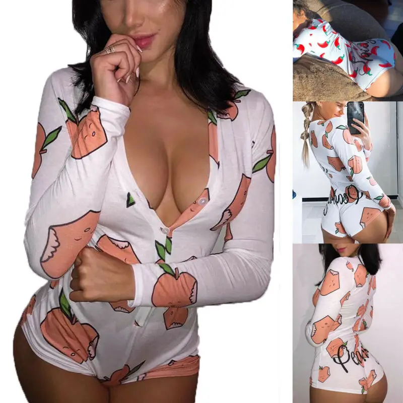 Women Hot Long Sleeve Deep V Neck Bodycon Playsuit One-piece Peach Print Button Slim Clubwear Jumpsuit Short Pants Party Romper