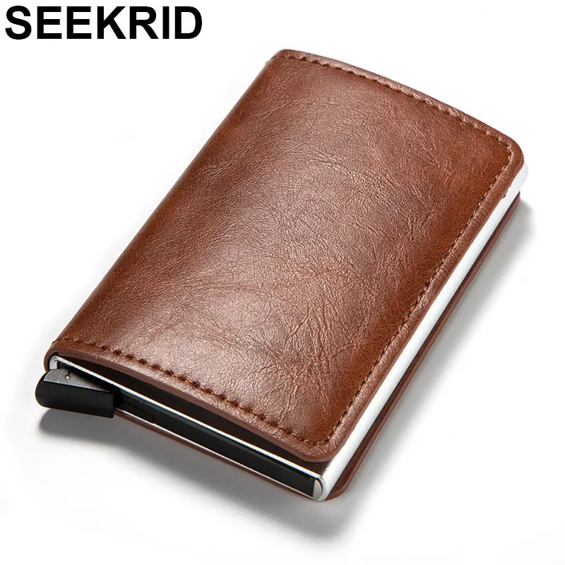 

RFID Blocking Fashion Automatic Leather Credit Card Holder Men Aluminum Metal Business ID Multifunction Cardholder Mini Wallet