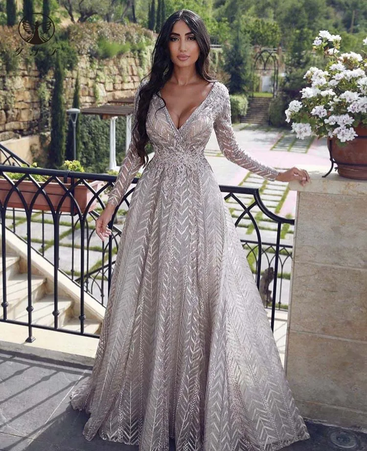 Sexy Vestidos De Formature Plunging V Neck Floor Length Lace Long Sleeve Prom Dresses