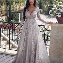 Sexy Vestidos De Formature Plunging V Neck Floor Length Lace Long Sleeve Prom Dresses