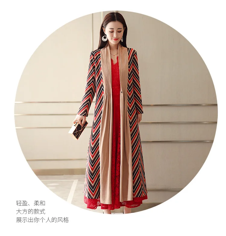 Spring And Autumn Korean-style Women's Elegant Plaid Stripes Printed Slimming over-the-Knee Long Trench Coat Elegant Large