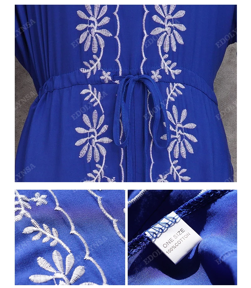 Синее богемное вышитое летнее пляжное платье с коротким рукавом, хлопковая туника, женское пляжное платье миди, Robe de plage sarong N925