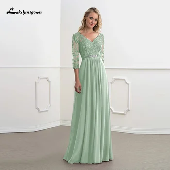 

Charming Green Chiffon Lace Applique Mother of the Bride Dresses Plunge V Neckline Three Quarter Sleeve Wedding Party Gowns