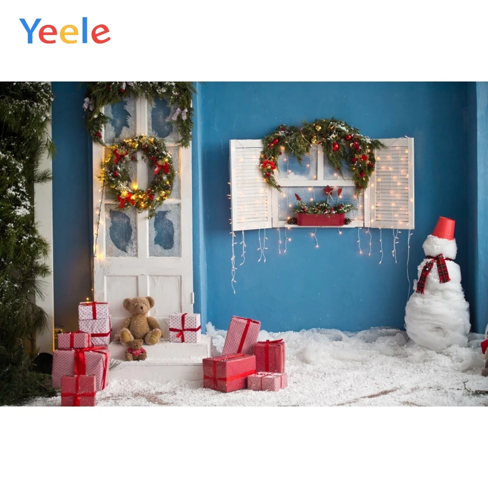 

Christmas Wood Door Carpet Wreath Light Flower Bear Snowman Backdrop Photography Custom Photographic Background For Photo Studio