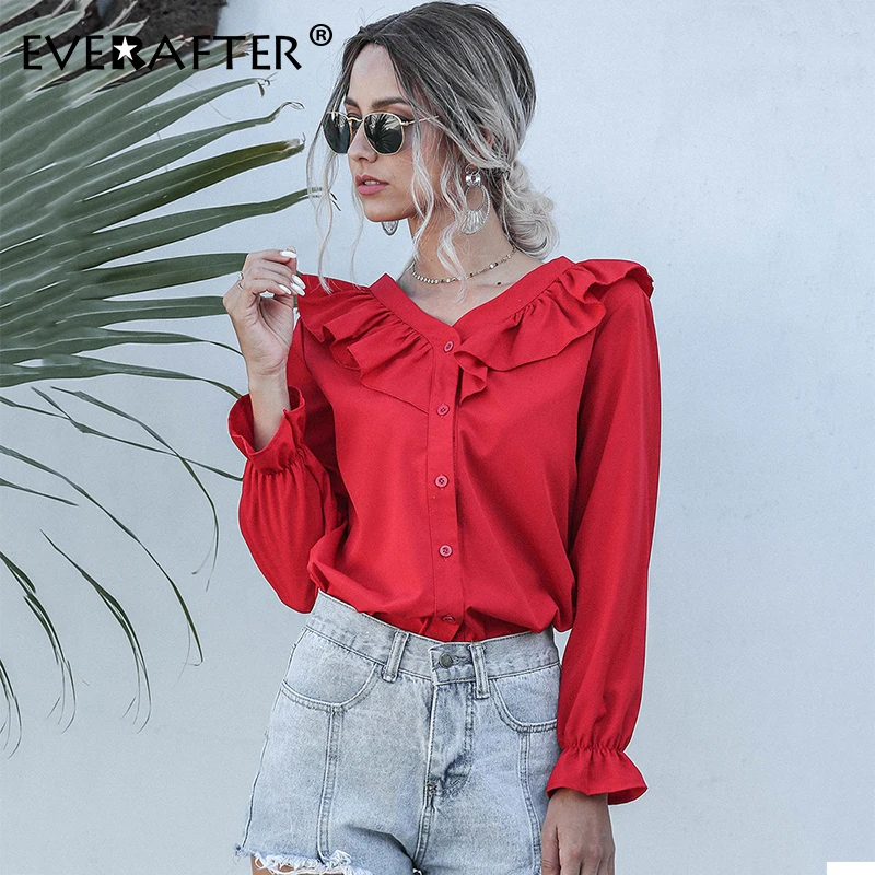 EVERAFTER, однотонная шифоновая блузка для женщин, весна, длинный рукав, оборки, рубашки, свободные, элегантные, для девушек, офисная блуза, повседневные топы, блуза