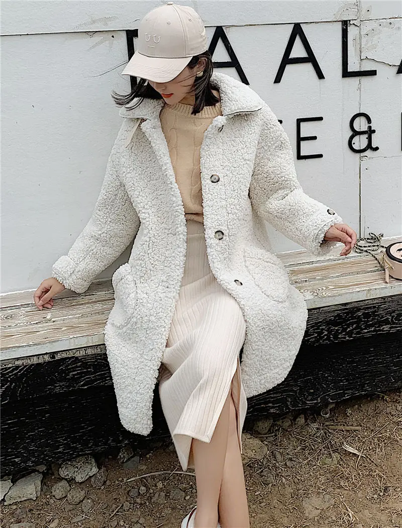 Женское пальто из искусственного меха зимнее теплое плюшевое пальто Модная длинная парка куртка из меха ягненка женская верхняя одежда пальто