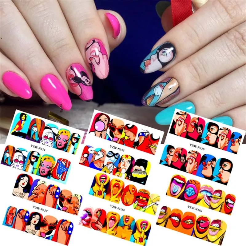 

1PC colorful cartoon lips sticker for nail art decoration Rose red pink mouth ultra thin water transfer nail wraps FW015