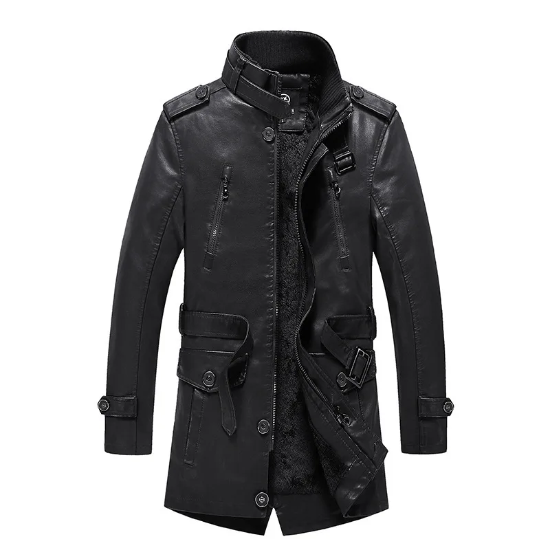 

MEN'S WEAR Men plus Velvet Casual Leather Coat Mid-length Leather Jacket PU Leather Biker Jacket