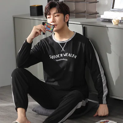 New spring and autumn men's pajamas two-piece pajamas knitted cotton casual loose boys home clothes fashion men's clothing best mens pajamas Men's Sleep & Lounge