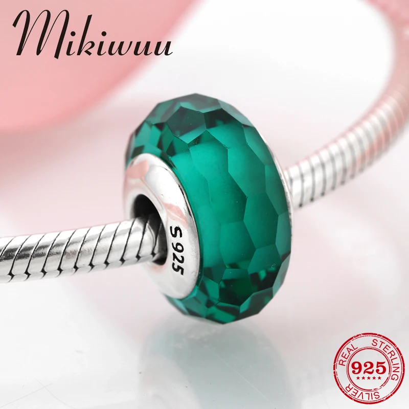 

High Quality Reflective Green Murano Glass Beads 925 Sterling Silver Charms Fit Original Pandora DIY Bracelets Jewelry Making