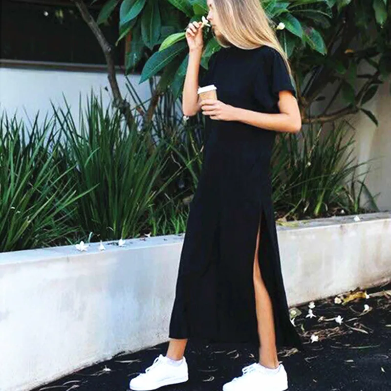 Женское платье с коротким рукавом однотонное Черное длинное до щиколотки