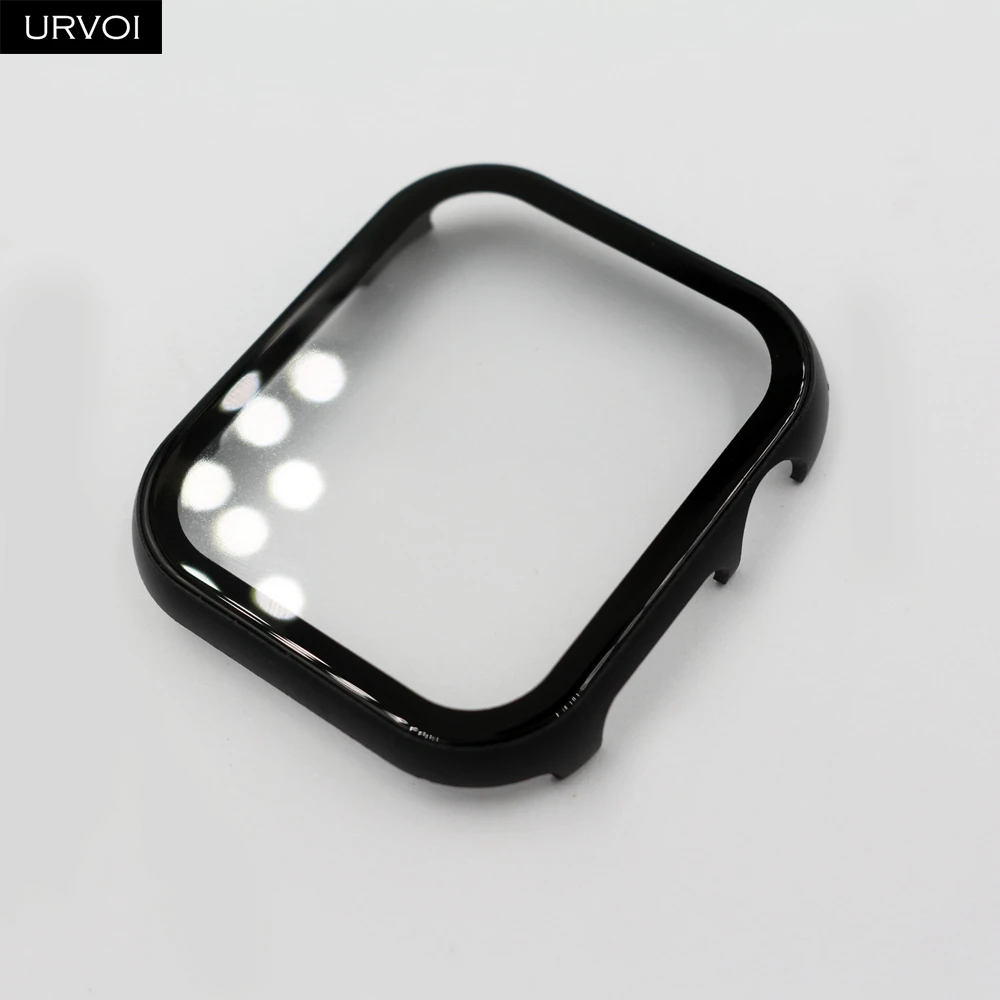 Black URVOI Полный Чехол для Apple Watch series 4 5 3 2 1 металлическая рамка Защита экрана для iWatch крышка с закаленным стеклом 40 44 мм - Цвет: Black