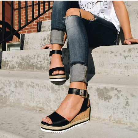 Новые женские модные сандалии новые летние популярные женские с открытым носком босоножки на танкетке женская обувь полиуретан - Цвет: black