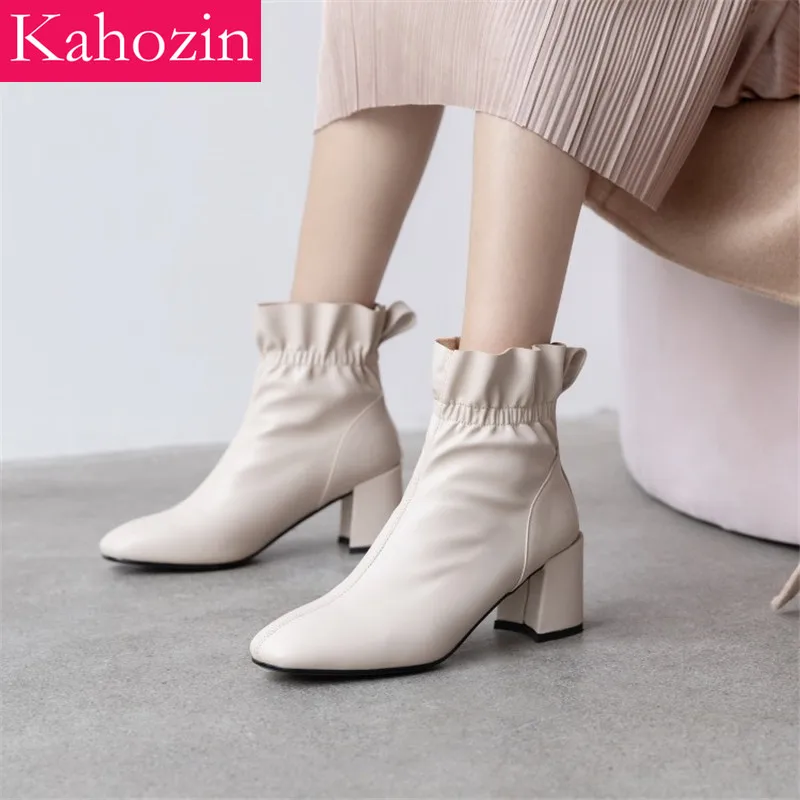 

Autumn /Winter Ankle Boots for Women Nice Quality Cowhide Boots Casual Slip-on Elasticity Square Heel 6.5CM Black Apricot Size43