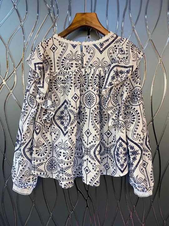 aww new women's round neck water soluble hollow wood ear edge splicing decoration long sleeve versatile top 1108