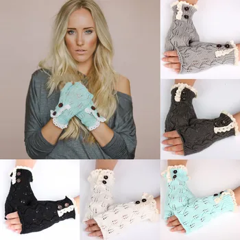 

Women's winter knitted wool button button hollow leaf lace warm fingerless gloves protective gloves 10.8