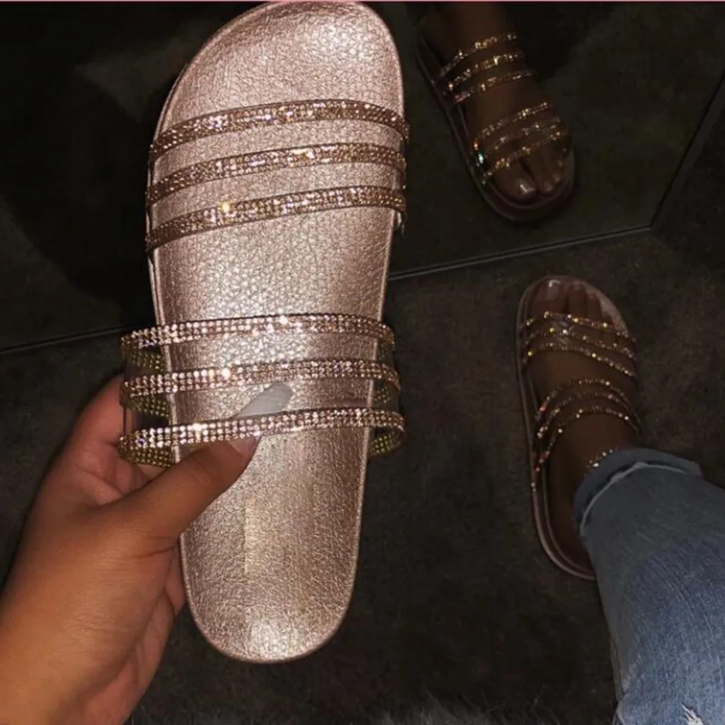 

Rome Style Slides Leather Slippers For Women Shinny Sequins Summer Beach Plus Size Casual Shoes Female Outdoor Roman Slipper