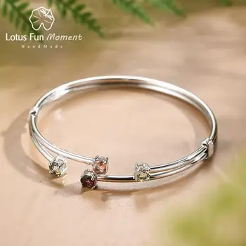 

Lotus Fun Natural Tourmaline Gemstones Zircon Simple Multicolor Bangle Real 925 Sterling Silver Fine Jewelry Bangles for Women