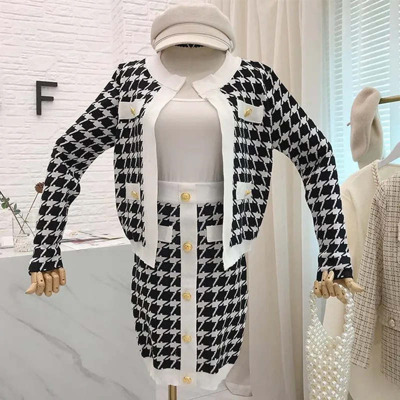 

YiLin Kay Ladies Small Sweet Style Runway Knitted Two Piece Set Women's Autumn Houndstooth Cardigan Jacket Coat+Pencil Skirt