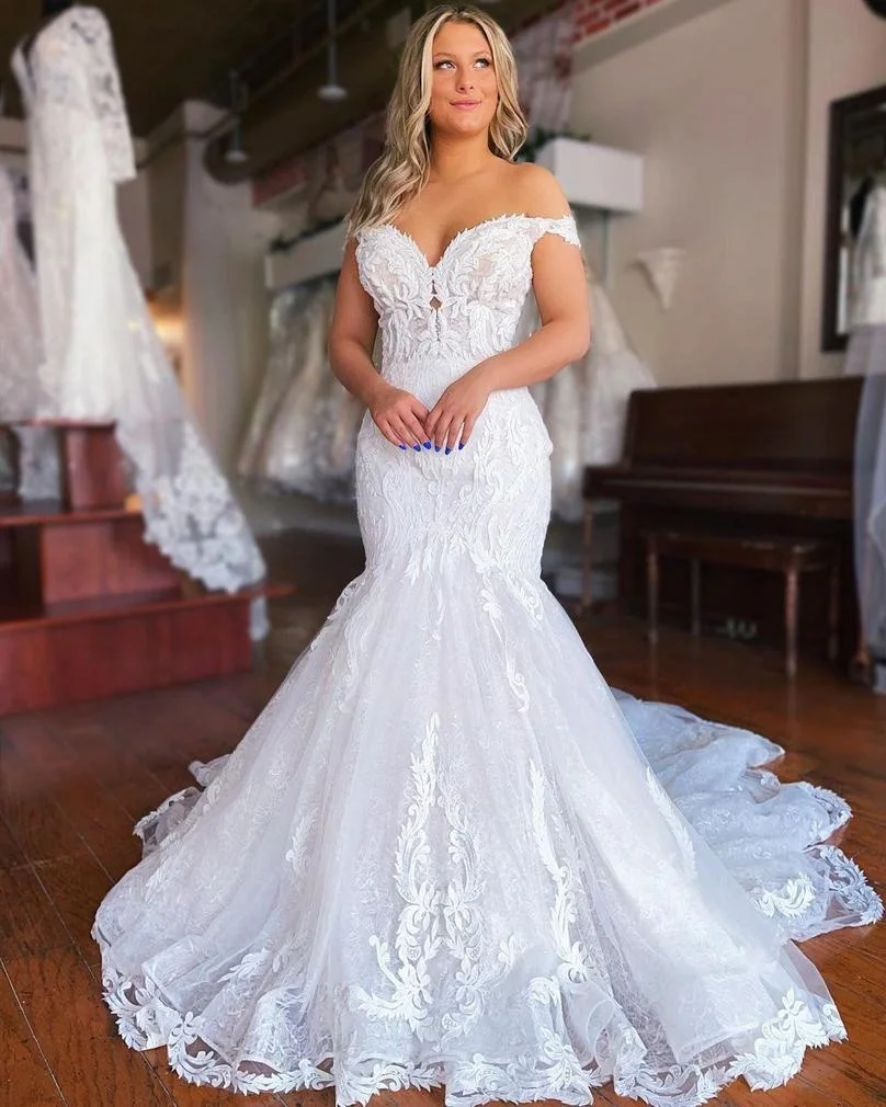 Cap Sleeves Lace Mermaid Wedding Dress Bridal Gowns Off the Shoulder Sweep Train Backless Appliqued Plus Size Bride Dresses