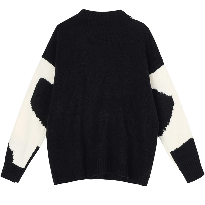 [EAM] Black Pattern Big Size Knitting Sweater