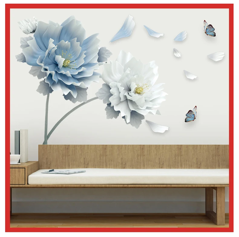 Large White Blue Flowers Lotus Butterfly Removable Wall Stickers 3D Wall Art Decals Mural Art for Living Room Bedroom Decor
