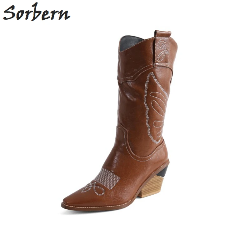 

Sorbern Wide Wedge Boots Women Mid Calf High Pointed Toe Winter Style Ladies Boots Vintage Cowboy Boot Hoof Heels