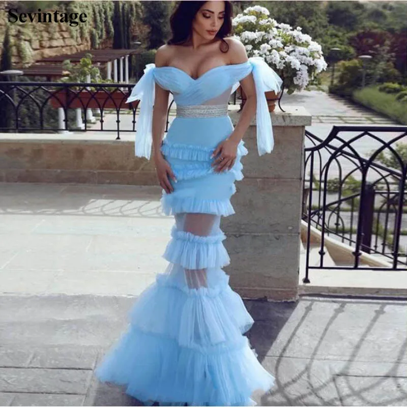

Sevintage Sexy Mermaid Tiered Tulle Evening Dresses Off Shoulder Sleeveless Long Prom Gowns Sequin Transparent Abendkleider 2020