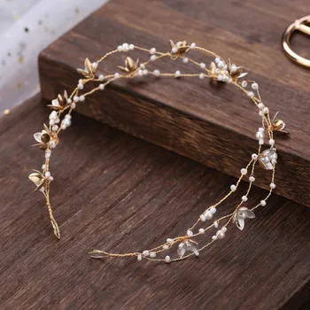 Sposa vintage fatta a mano con perle dorate, copricapo con fiori, da sposa, per ragazze, diadema, accessori per capelli da sposa, gioielli per capelli da donna